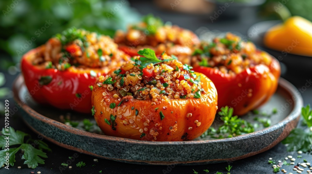 Poster a plate of stuffed bell peppers with seasoning sprinkles on top of them and a lemon in the backgroun