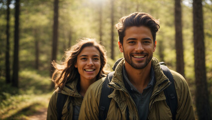 Young couple hiking in sunny forest