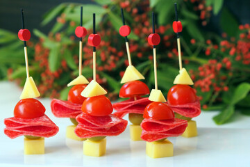 Canapes with Cheese, Salami, and Tomatoes