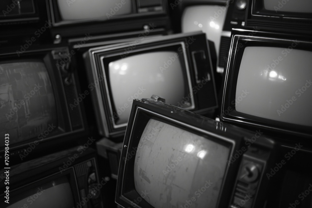 Poster a stack of old televisions, showcasing the evolution of technology. perfect for illustrating the con