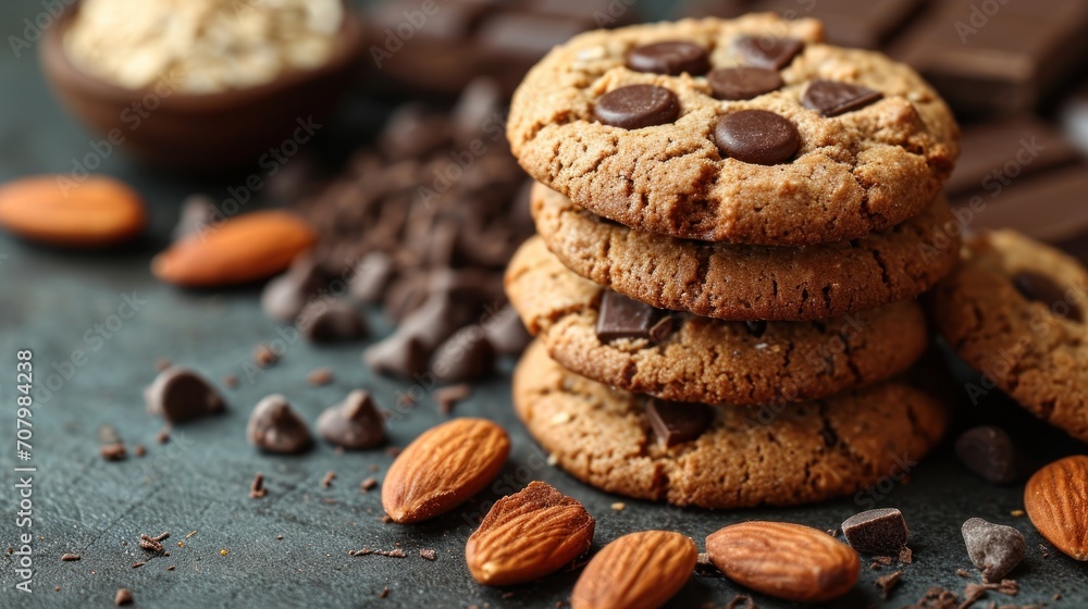 Poster a stack of cookies sitting on top of a table next to a pile of almonds and chocolate chip cookies.