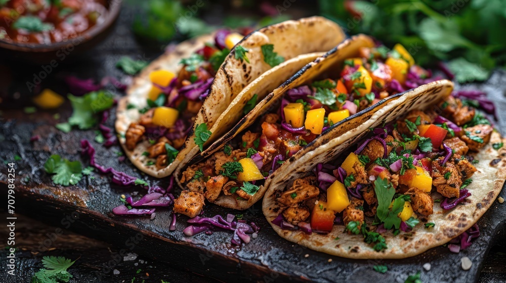Aufkleber a close up of three tacos on a tray with a bowl of salsa in the background and another taco in the f