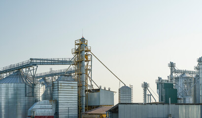Fototapeta na wymiar Agricultural silos for storage of grain harvest at an agricultural production farm