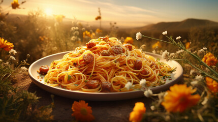 Product photograph of spaghetti in the snow In a winter forest. Sunlight.  Orange color palette....