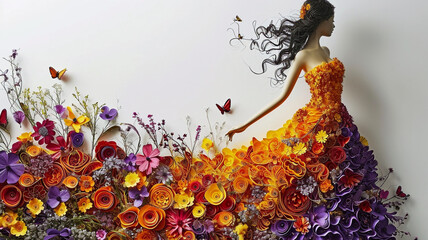 Quilled paper fashion runway, dresses made of flowers