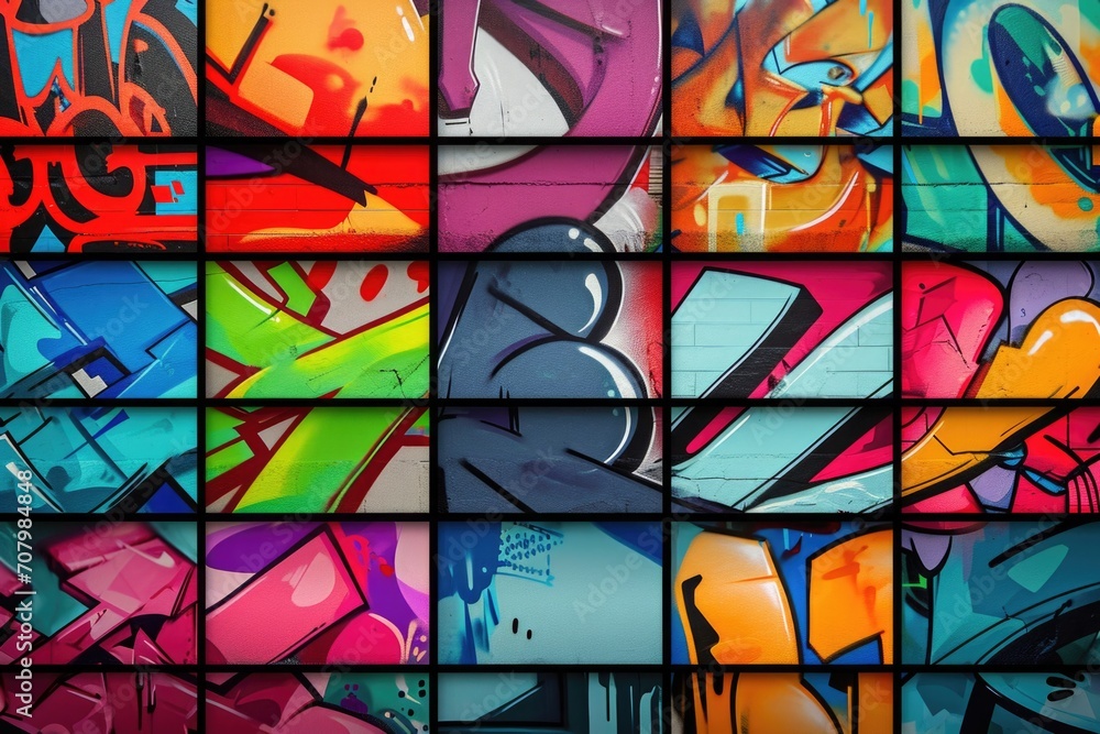 Poster A vibrant display of various colored graffiti on a wall. Perfect for adding a modern and urban touch to any project