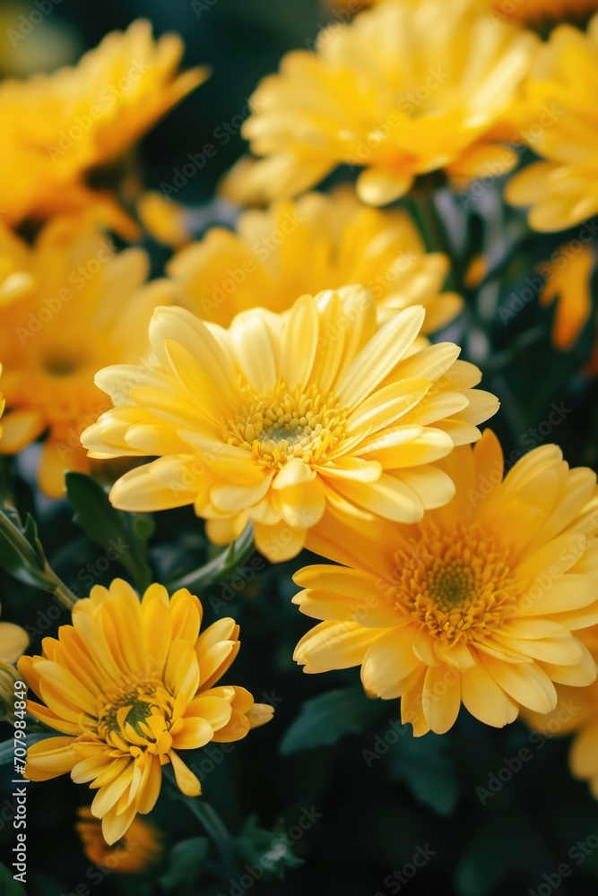 Poster a bunch of yellow flowers with green leaves. can be used to add a pop of color to any design