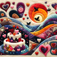 Fototapeta na wymiar felt art patchwork, Valentine's Day cake