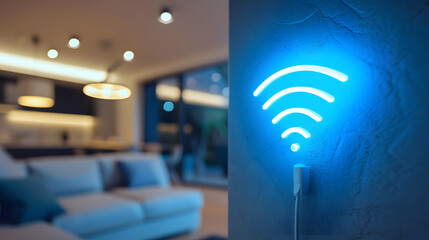 Wi-Fi technology with big blue Wifi icon. Concept of accessibility of wireless internet technology in home conditions - obrazy, fototapety, plakaty