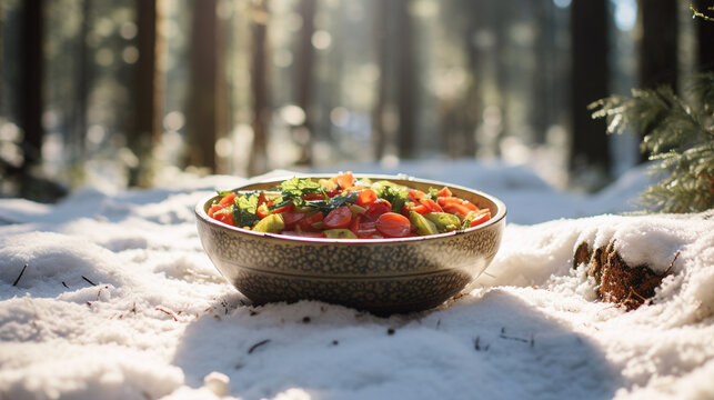 Product photograph of Greek salad bowl in the snow In a winter forest. Sunlight.  Yellow color palette. Food. 