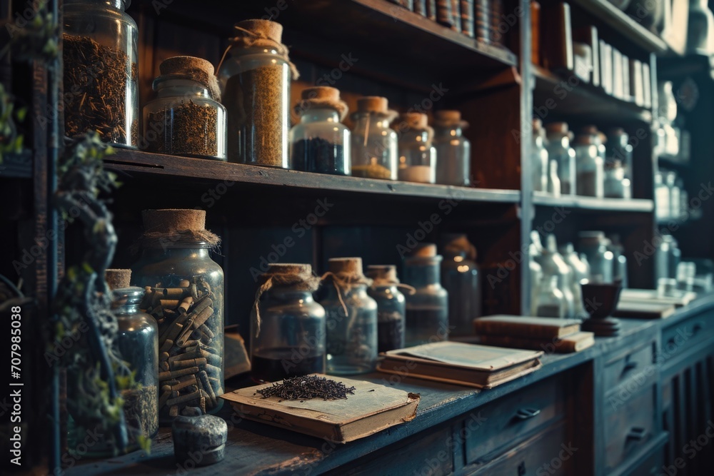 Poster a shelf filled with numerous glass jars. this image can be used to showcase organization, storage, o