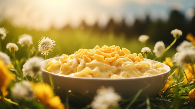 Product photograph of Macaroni and cheese plate in the snow In a winter forest. Sunlight.  Yellow color palette. Food. 