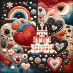 felt art patchwork, Valentine's Day cake