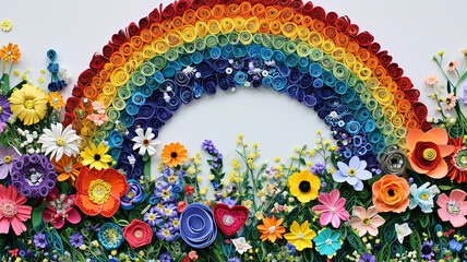 Quilled rainbow arching over a field of vibrant flowers