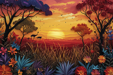 Quilled safari flora with acacia trees and exotic flowers on savannah sunset