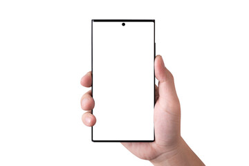 Hand holding smartphone with blank screen isolated on white background. - obrazy, fototapety, plakaty