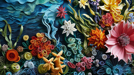 Quilled undersea garden with coral-like flowers and marine hues