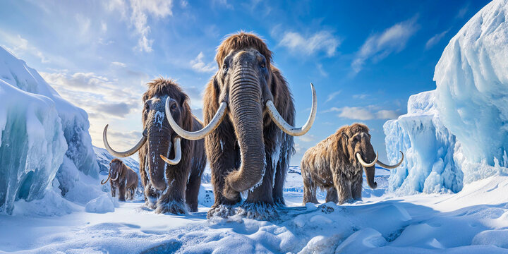 Woolly mammoth herd in frozen cold landscape, wide banner, extinct prehistoric animals