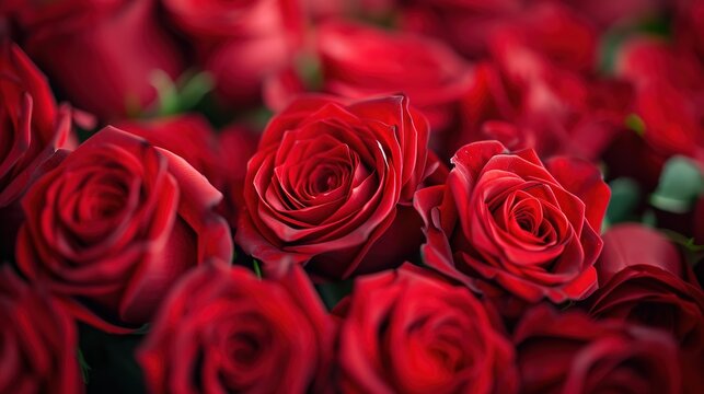 The image showcases a beautiful arrangement of vibrant red roses with a shallow depth of field, highlighting their intricate details.