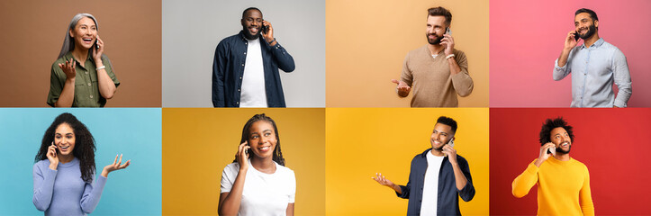 Collage of people engaged in a phone conversation. The concept of connectivity, communication, or...