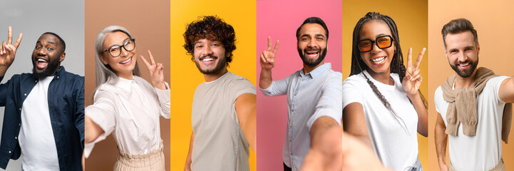 Series of people of various ethnicities joyfully posing with peace signs, reflecting a theme of friendliness and positive vibes, designed for social media engagement, appealing to a youthful audience - obrazy, fototapety, plakaty