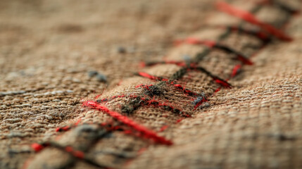 Red stitches on burlap texture.