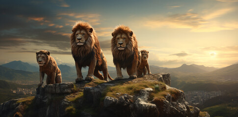 The four lions on top of a mountain, in the style of photo-realistic landscapes, tranquil...