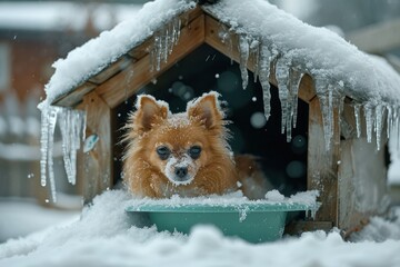 Frosty Caution for Furry Friends: Dog in a freezing doghouse