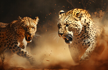 Naklejka premium A large leopard is running in the forest, in the style of photo-realistic landscapes, traditional african art