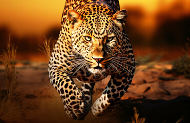 A large leopard is running in the forest, in the style of photo-realistic landscapes, traditional african art

