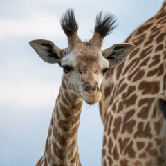 Little giraffe gracefully stand side by side in a vast green field in Africa