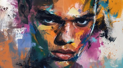 An intense and striking portrait of a person with vivid, colorful brush strokes abstractly applied across the face.