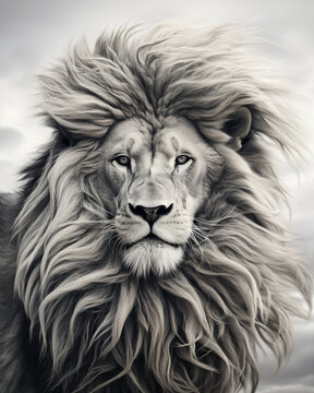 A black and white photograph of a lion with hair blowing in the wind, in the style of high detailed, realistic oil portraits, colorful fauna, photo taken with nikon d750, grisaille, matte drawing, rea
