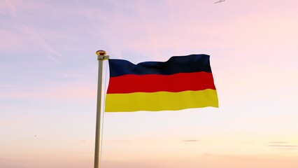 Flag of Germany waving in the wind, sky and sun background. Germany Flag. Ultra Hd.	
