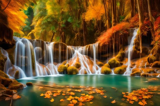amazing of huay mae kamin waterfall in colorful autumn forest at Kanchanaburi,-