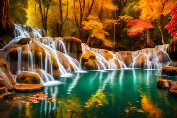 amazing of huay mae kamin waterfall in colorful autumn forest at Kanchanaburi,-
