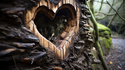 Heart shaped hole in tree trunk, Valentine's Day. close up