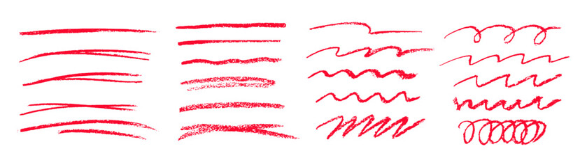 Red underlines and strikethrough strokes isolated on white background.Charcoal strokes. Set of red hand drawn brush lines different forms. Rough charcoal strokes. Collection of vector grunge brushes. - obrazy, fototapety, plakaty