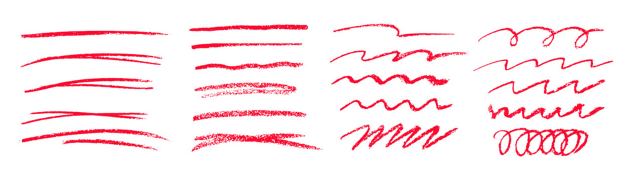 Red underlines and strikethrough strokes isolated on white background.Charcoal strokes. Set of red hand drawn brush lines different forms. Rough charcoal strokes. Collection of vector grunge brushes.