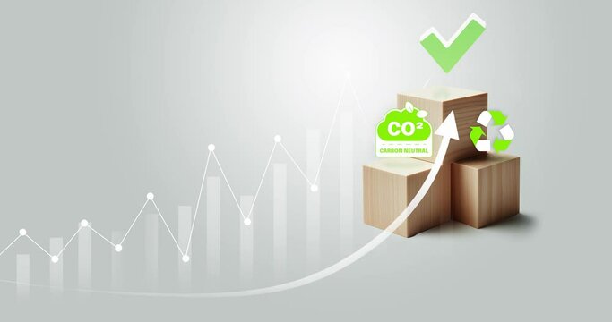 Net zero by 2050. Carbon dioxide reduction, limit climate change, global warming concepts. Reduce CO2 emissions icons on wooden cubes block graph step from now, year to 2050 number with rise arrow 4k 