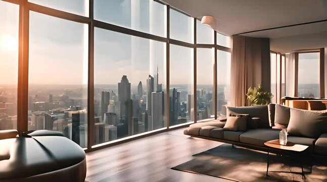 Panoramic window view in high building tower. Generated AI footage. Modern interior with panoramic windows. Skyscraper in city. Cityscape. Empty room indoors, real estate rent or sell. Living room