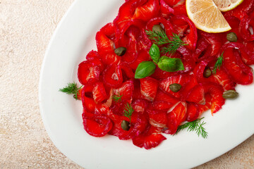 Salmon gravlax with beetroot, Scandinavian snack, beet gravlax, lightly salted fish, homemade, no...