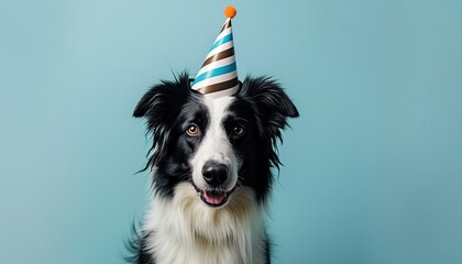 Funny Collie Dog celebrating party birthday or carnival wearing party hat. Blue background