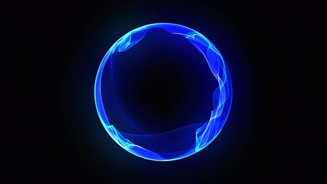Bright glowing 3d sphere of blue seamlessly flowing energy waves. Abstract science, technology, programming and artificial intelligence background. Virtual assistant. Animated energy orb. 4k loop.