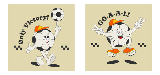 Design of a football print, poster, postcard, cover. A cartoon sports ball jumps for joy, has fun, shouts "goal". Vector illustration in retro style of the 60s-70s