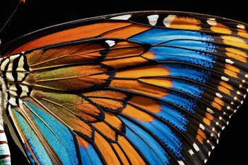 close up of a butterfly wing with blue and orange colors on it's wings and a black background.
