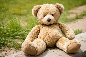 lost childhood, loneliness and pain concept. dirty teddy bear lying down outdoors.