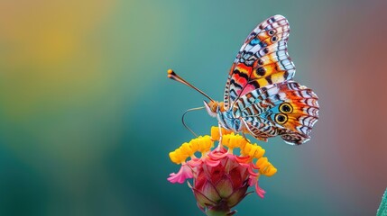 A vibrant butterfly with intricately patterned wings is perched delicately on a bright pink and yellow flower.