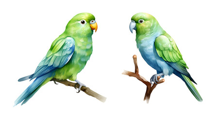 Green parrotlet bird, watercolor clipart illustration with isolated background. - obrazy, fototapety, plakaty
