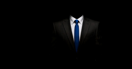Business suit with blue tie.